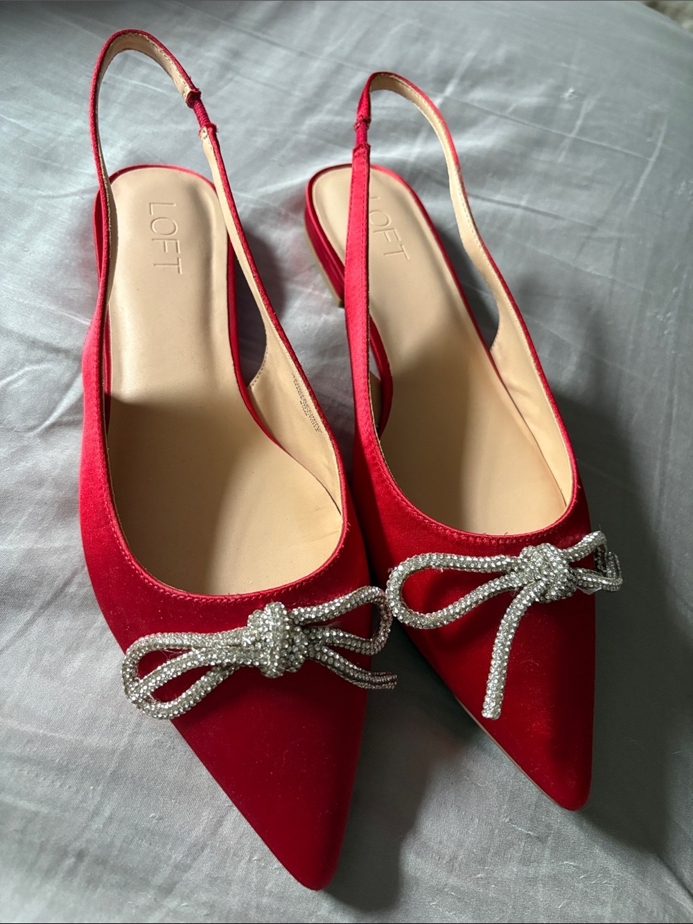 LOFT Red Pointed Slingback Flats with Crystal Bow Accent